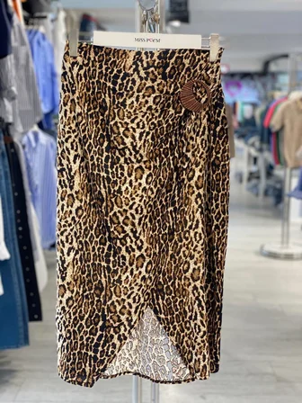 Kahverengi Leopar Baskılı Yüksek Bel Midi Wrap Etek