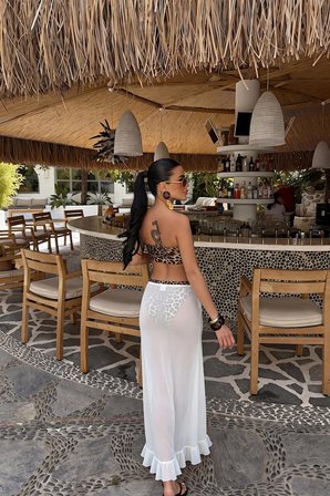 Beyaz Seksi Gündelik Boho Zarif Maksi Yırtmaçlı Etek Orta Bel