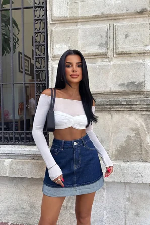 Mavi A Kesim Mini Etek Düğmeli Kapanışlı