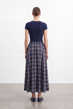 Lacivert Ekose Flared Maxi Etek