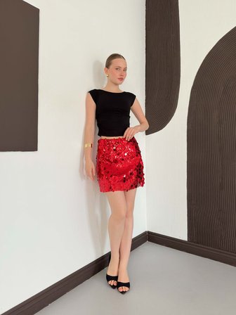 Kırmızı Payetli Bodycon Mini Etek