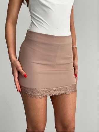 Bej Bodycon Mini Etek Orta Bel