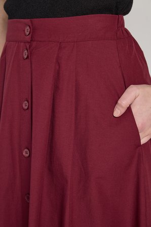 Bordo Yüksek Bel Maksi Volanlı Etek Düğmeli Kapanışlı Yan Cep