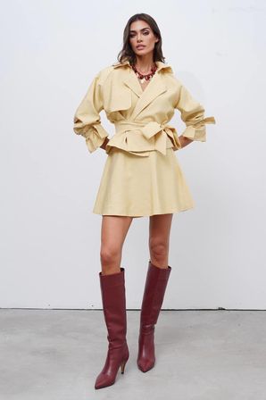Bej Zarif Flared Mini Etek Bağlamalı Kapanışlı