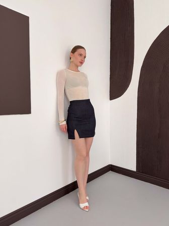 Mavi Bodycon Mini Etek Yüksek Bel