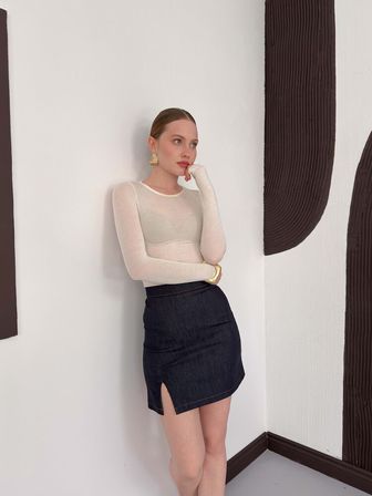 Mavi Bodycon Mini Etek Yüksek Bel