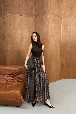 Kahverengi Flared Maksi Etek Yüksek Bel Lastikli
