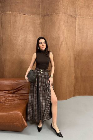 Kahverengi Flared Maksi Etek Yüksek Bel Lastikli
