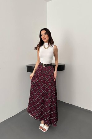 Etek Bordo Flared Maksi Yüksek Bel Lastikli