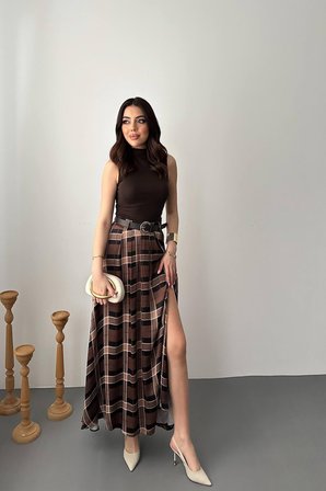Kahverengi Kareli Flared Maxi Etek Yüksek Bel Fermuarlı