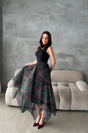 Siyah Etnik Zarif Midi Etek