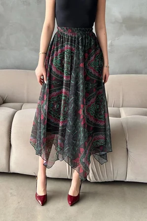 Siyah Etnik Zarif Midi Etek
