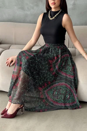 Siyah Etnik Zarif Midi Etek