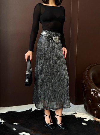 Siyah Işıltılı Zarif Pileli Maksi Etek