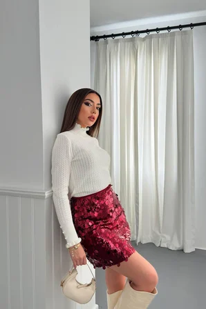 Bordo Bodycon Mini Etek Payetli
