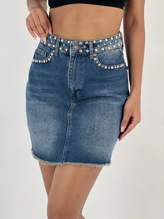 Mavi Bodycon Mini Etek Yama Cepli