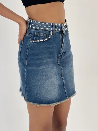 Mavi Bodycon Mini Etek Yama Cepli