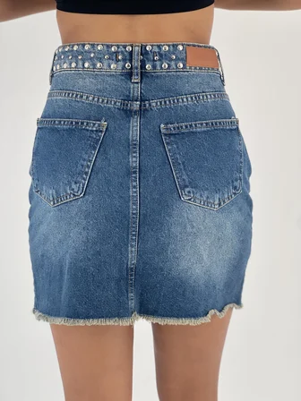 Mavi Bodycon Mini Etek Yama Cepli