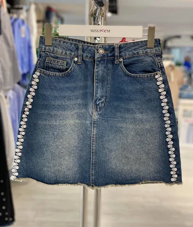 Mavi A Kesim Mini Etek Düğmeli Kapanış