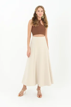 Bej Yüksek Bel Volanlı Midi Etek