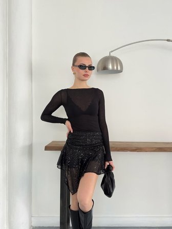Siyah Seksi Işıltılı Zarif Asimetrik Mini Yüksek Bel Etek