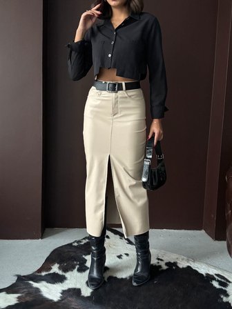 Bej Kalem Midi Etek Yüksek Bel Fermuarlı