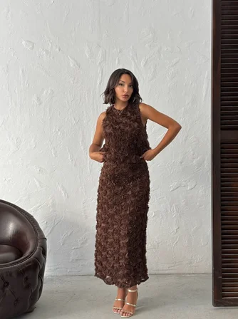 Kahverengi Zarif Resmi Nostaljik Bodycon Maksi Etek