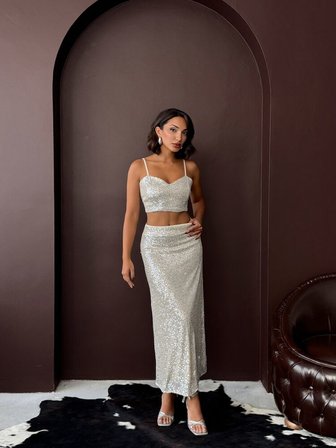 Gümüş Işıltılı Slip Maksı Etek Orta Bel