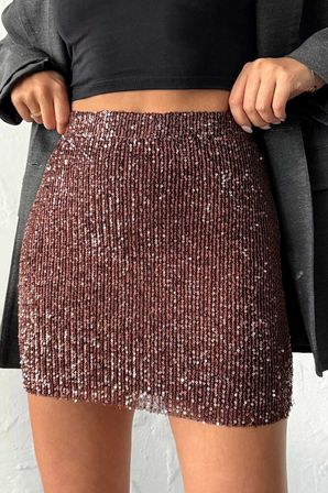 Bordo Payetli Bodycon Mini Etek