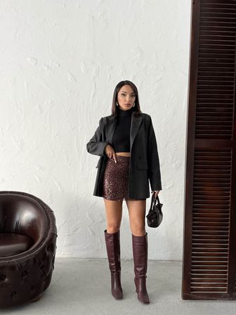 Bordo Payetli Bodycon Mini Etek