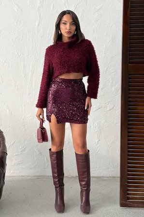 Bordo Payetli Mini Bodycon Etek Yüksek Bel
