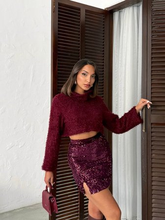 Bordo Payetli Mini Bodycon Etek Yüksek Bel