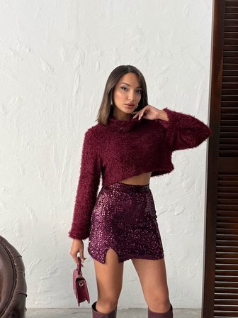 Bordo Payetli Mini Bodycon Etek Yüksek Bel
