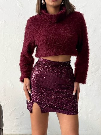 Bordo Payetli Mini Bodycon Etek Yüksek Bel