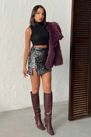 Siyah Payetli Yüksek Bel Mini Bodycon Etek