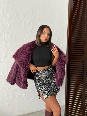 Siyah Payetli Yüksek Bel Mini Bodycon Etek