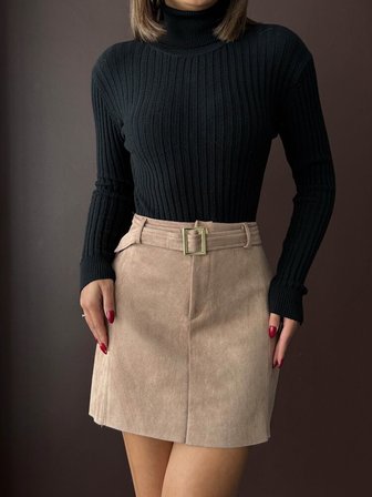 Bej A Kesim Mini Etek Tokalı Kapanışlı