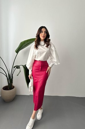 Yırtmaçlı Süs Patlı Etek - Fuşya