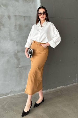 Gabardin Boyamalı Püsküllü Etek - Camel