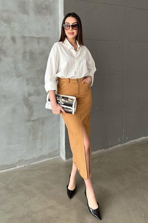 Gabardin Boyamalı Püsküllü Etek - Camel