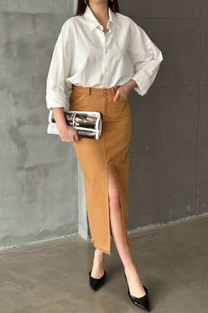 Gabardin Boyamalı Püsküllü Etek - Camel