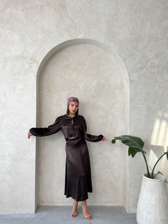 Kraşlı Saten Etek - Kahverengi
