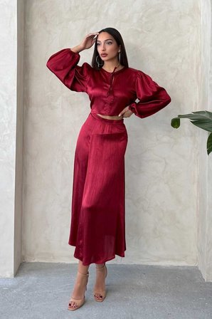 Kraşlı Saten Etek - Bordo
