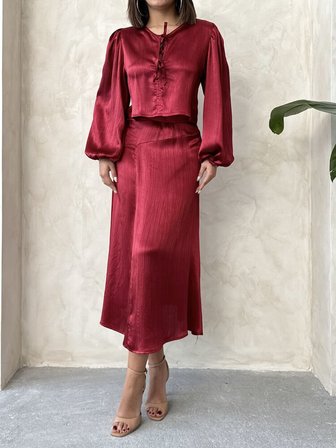 Kraşlı Saten Etek - Bordo