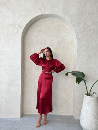 Kraşlı Saten Etek - Bordo