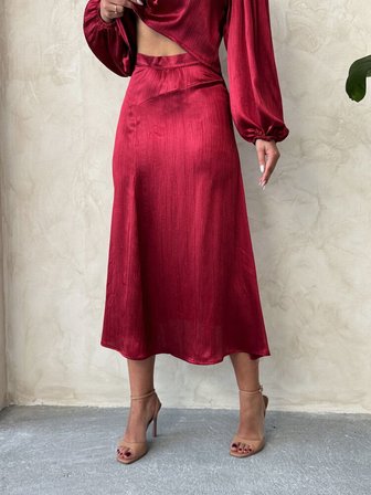 Kraşlı Saten Etek - Bordo