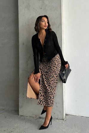 Vizon Siyah Leopar Baskılı Etek