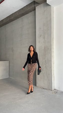 Vizon Siyah Leopar Baskılı Etek