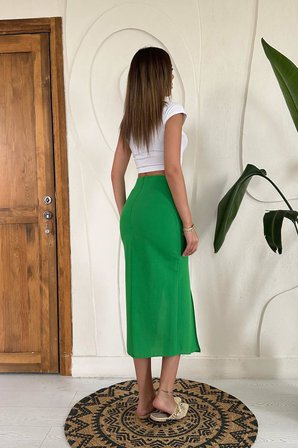 Seksi Yeşil Yüksek Bel Midi Yırtmaçlı Etek
