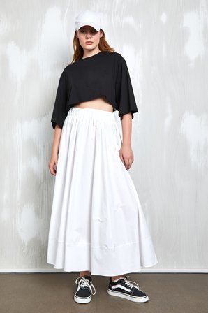 Beyaz Poplin Beli Lastikli Uzun Etek 27321